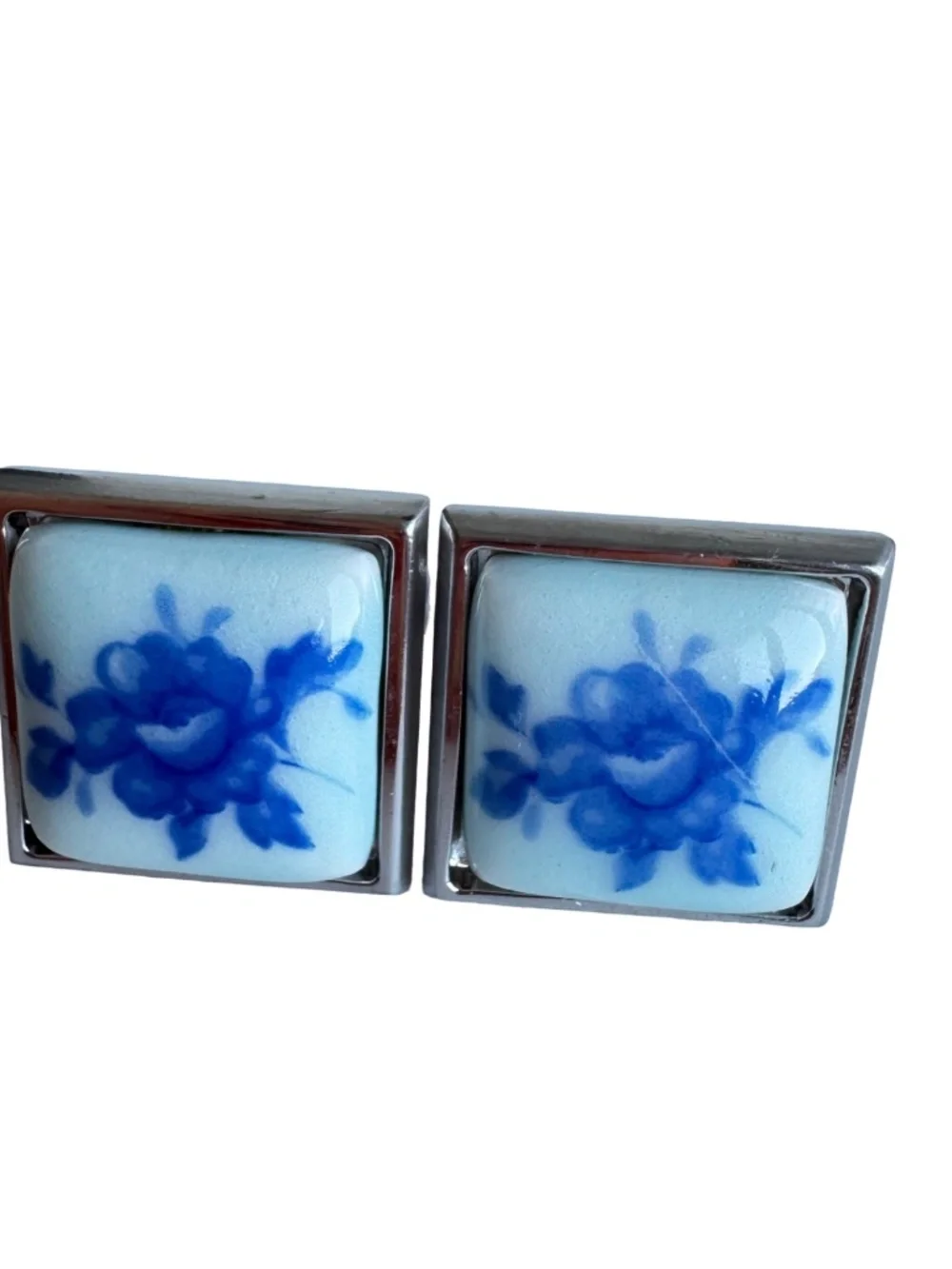 Vintage Japanese Blue White Porcelain Cufflinks Tie Clip Set Floral Signed GQA